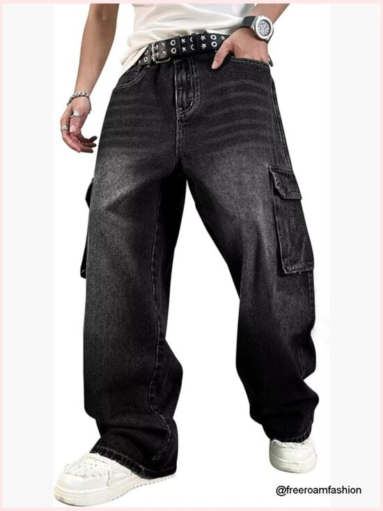 Denim - Baggy Cargo Jeans Y2K Skater Wide Leg Denim Pants Loose Fit Unisex